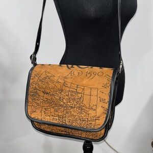 Brown and Black Map Suede Leather Shoulder Bag